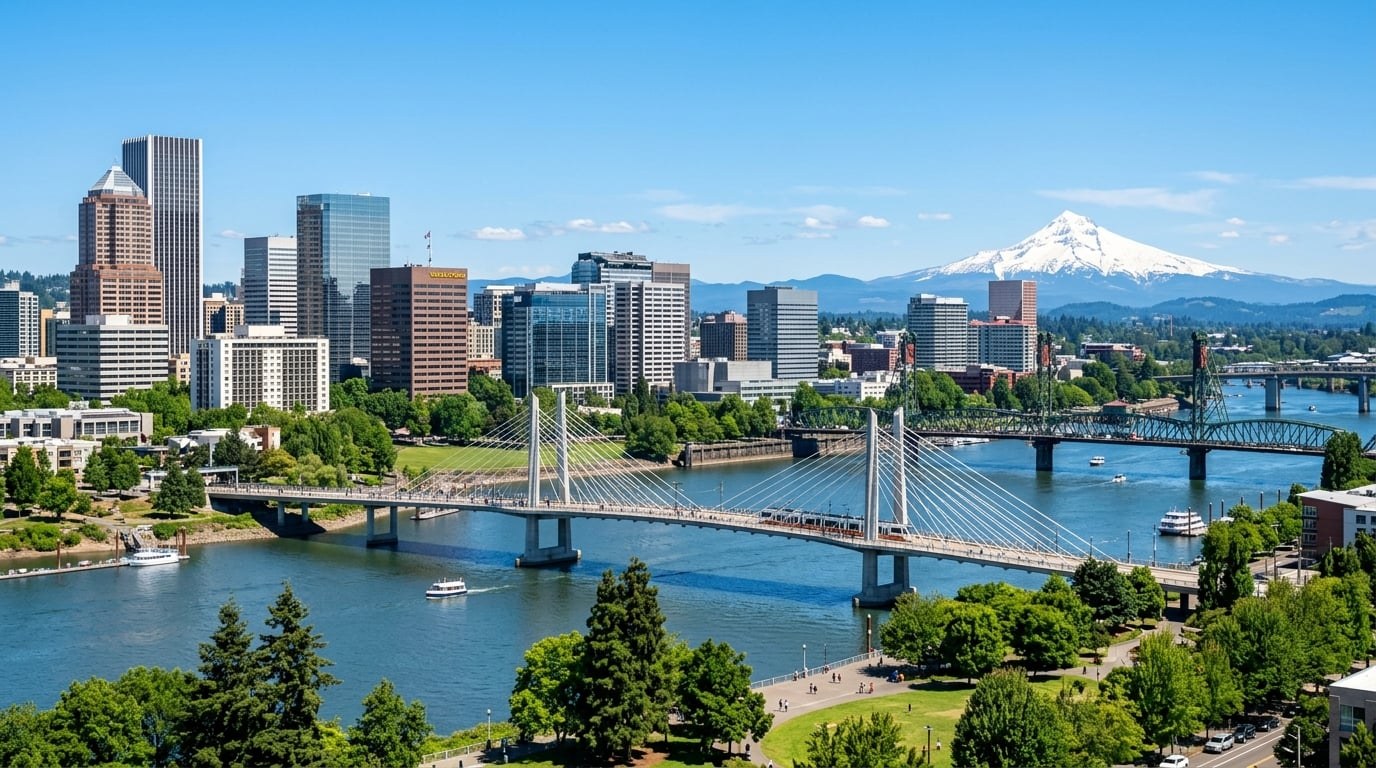 Portland Oregon skyline with Mount Hood